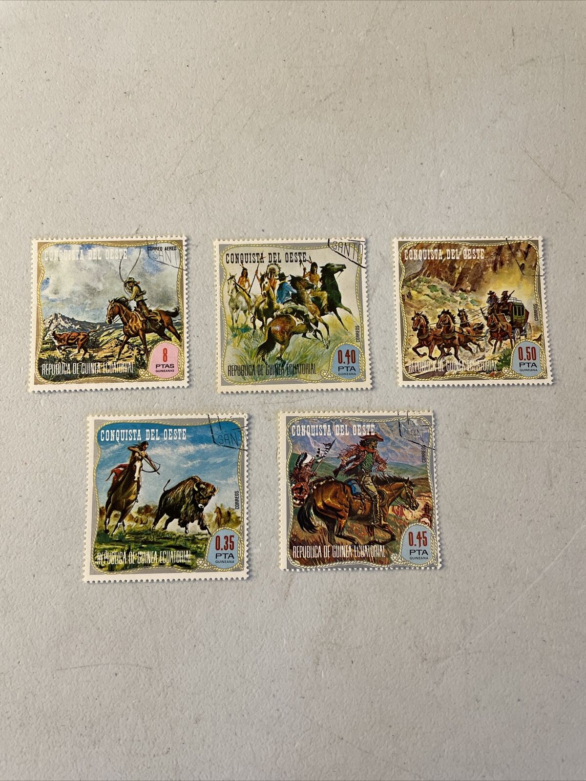 Vintage Republic Of Equatorial Guinea Conquista Del Oeste Stamps (5) Conquest