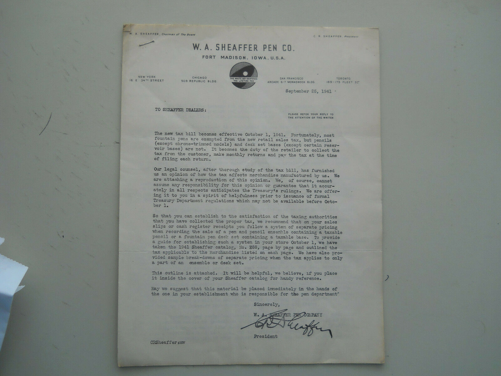 Sheaffer Vintage L941 Letter To Dealers