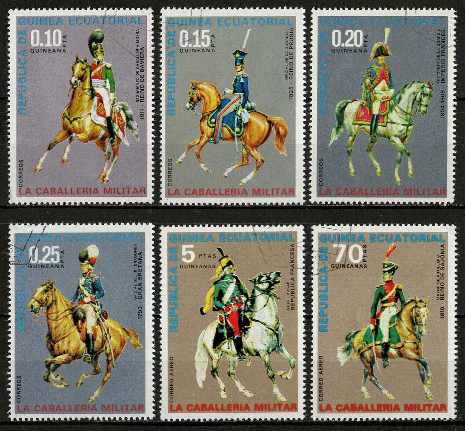 Equatorial Guinea 1976 - Cavalry Uniforms Horses Partial Set Of 6 Used Cto