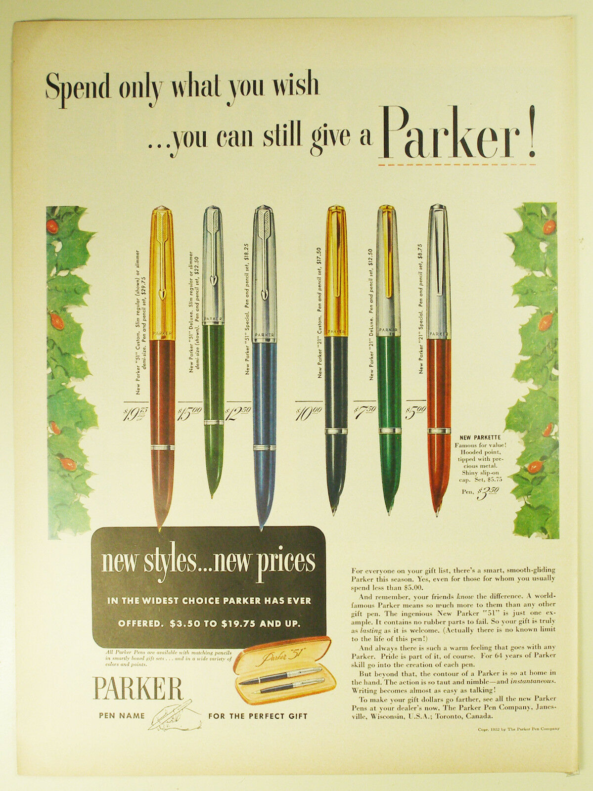 Vintage 1952 Parker "51" & "21" Fountain Pen Full Page Print Ad: Christmas