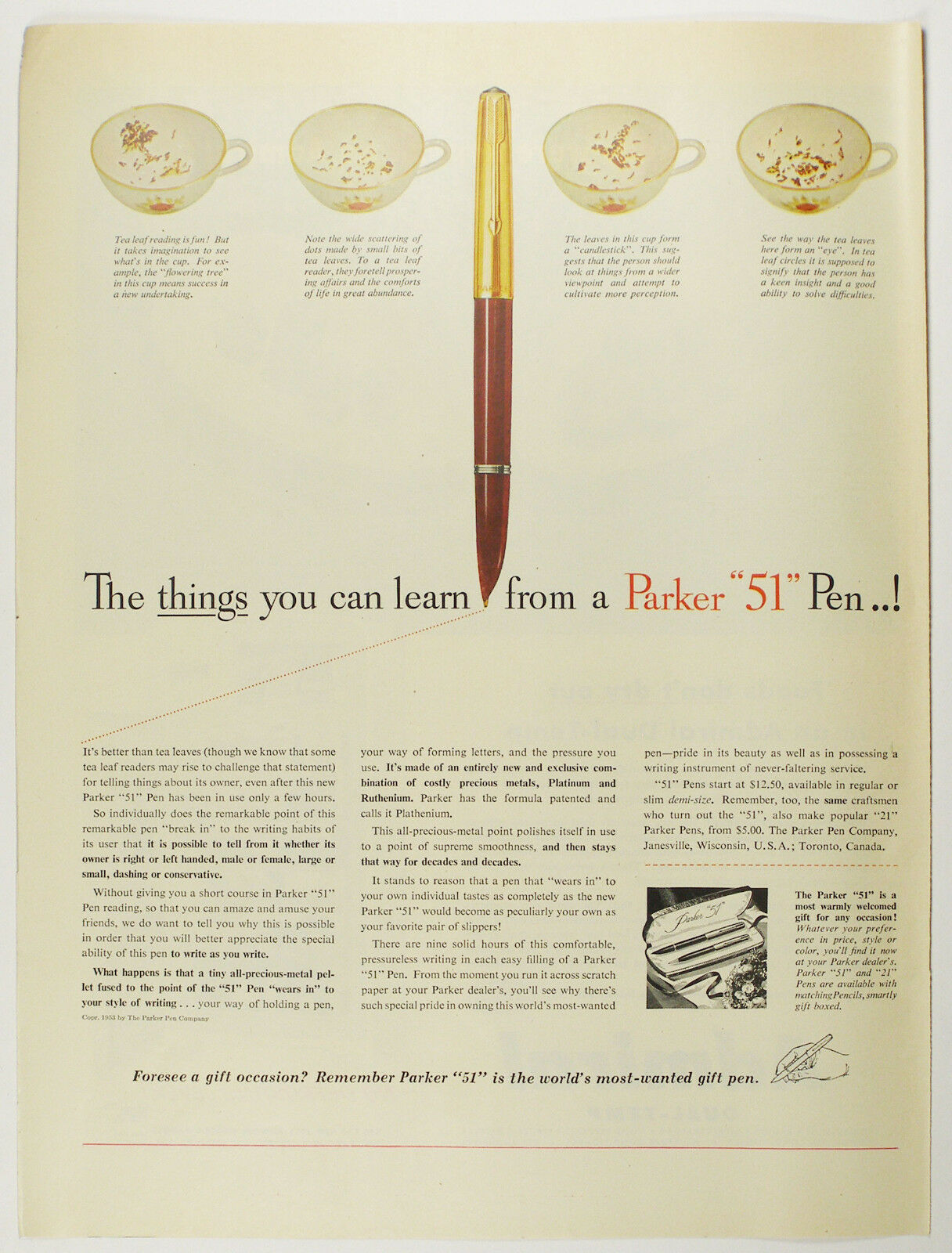 Vintage 1953 Parker "51" Fountain Pen Full Page Print Ad